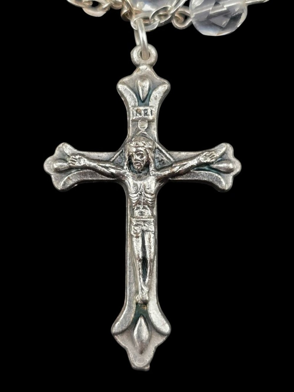 Vintage Silver Tone Crucifix & Faceted Crystal Rosary Virgin Mary 59 Beads - Picture 2 of 5